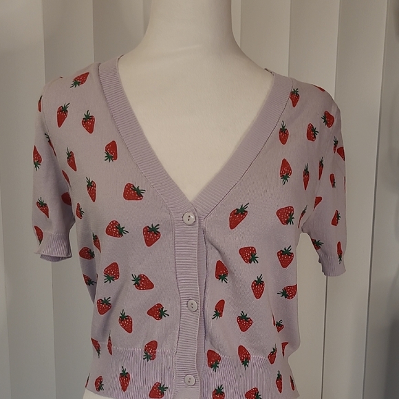 Debut Strawberry Print Lavender Cardigan - Picture 1 of 7